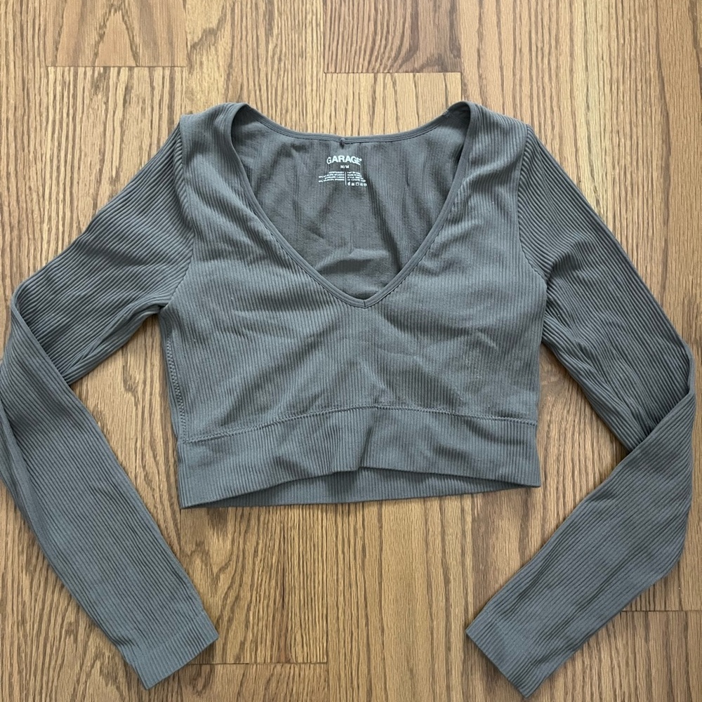 Garage Gray Fitted Long Sleeve Crop Top